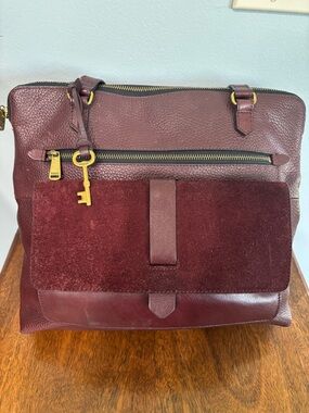 Fossil Kinley Leather and Suede Shopper Tote in Claret Red with gold hardware